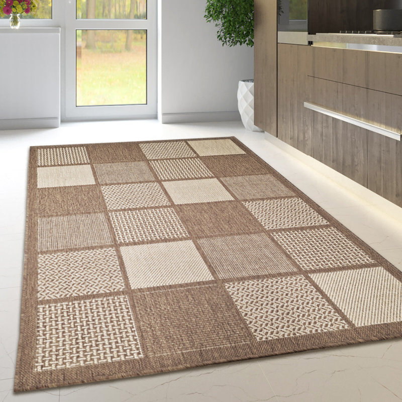Non Slip Rug Flat Weave Check Kitchen Living Room Carpet, Brown, Rectangle 160 x 225 cm