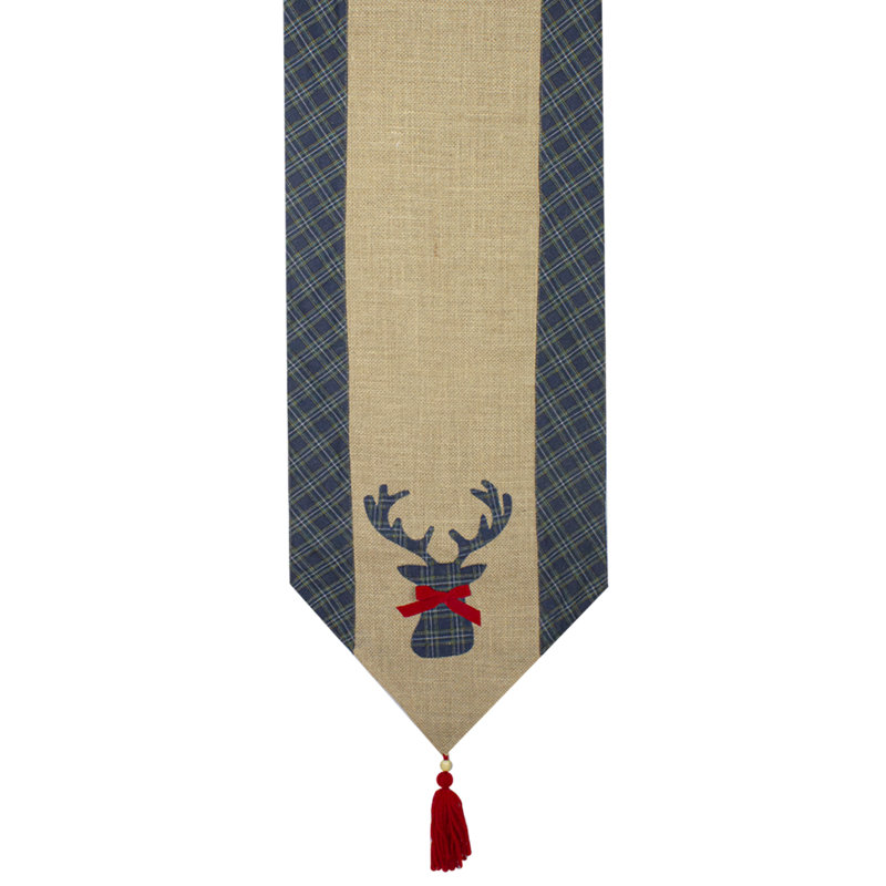 Red and Brown Burlap and Plaid Reindeer Christmas Table Runner, Blue, 80" x 13.25"
