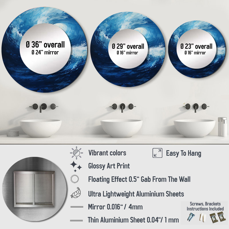 Sahera Tidal Twist Wave Vortex I - miroir mural décoratif à spirales abstraites, 36 po x 36 po, Rond