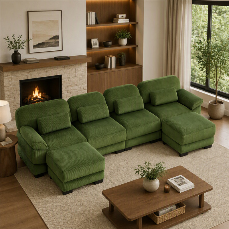 Canapé modulaire en forme de U Cloud Couch, canapé 4 places avec 2 repose-pieds, coussins de siège confortables et épais, tissu en velours côtelé respirant, vert olive pour le salon