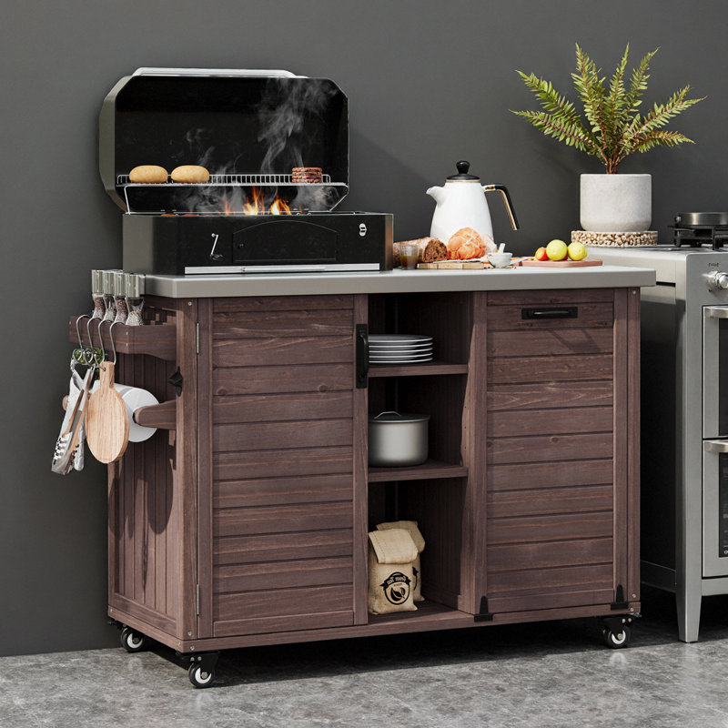 Îlot de table pliable de 78 po avec rangement pour poubelles, plateau et roulettes en acier inoxydable, bois de sapin massif, bleu gris