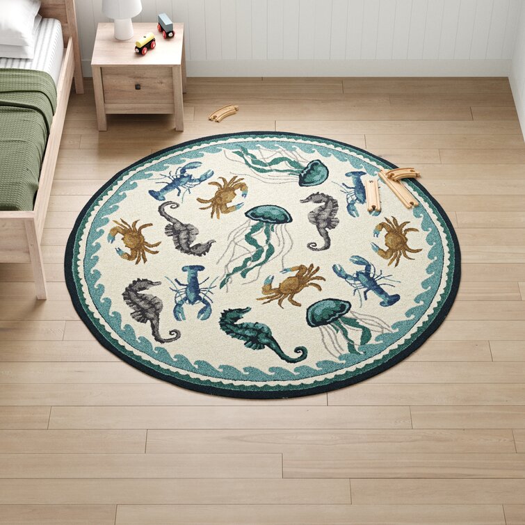 Beale Hand Hooked Ivory/Blue Indoor / Outdoor Area Rug Sand & Stable Baby & Kids Rug Size: Round 7'6