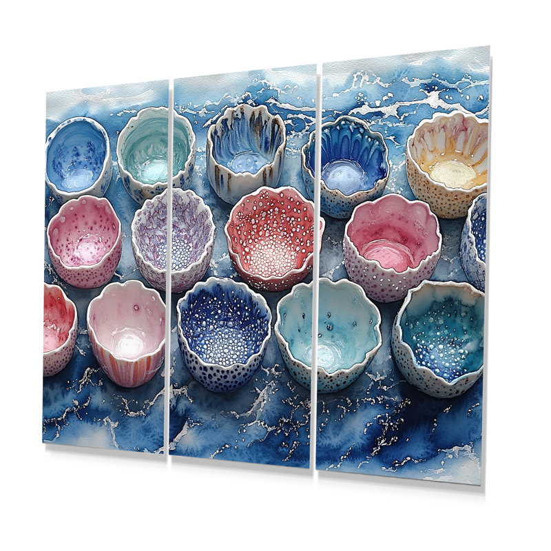 Beach Pottery dans des tons de rose et de bleu I - Ensemble de décoration murale Beach Pottery, H 28 po x l 36 po x P 1 po