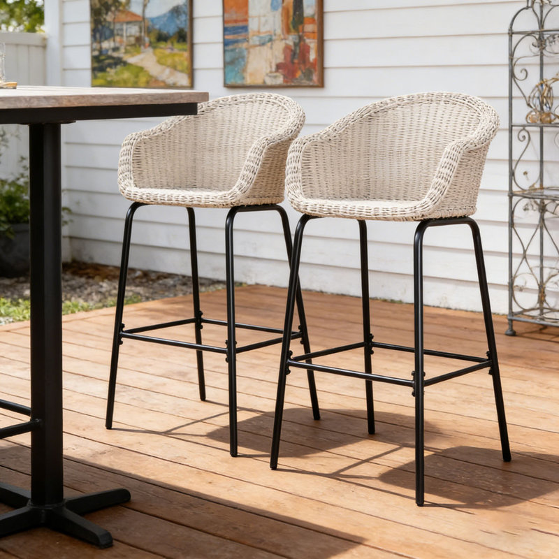 Tabouret de bar d'extérieur en osier de métal, Light Grey