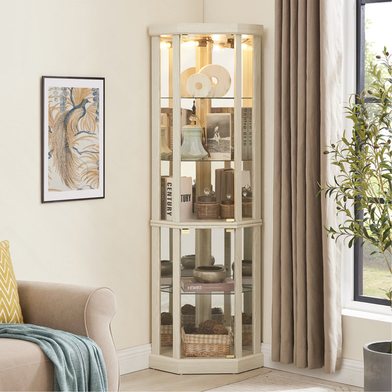 Lighted Corner Curio Cabinet - Elegant Glass Display Case For Living Room & Bar Storage - For Antique Collections & Wine - Includes Built-In Lighting