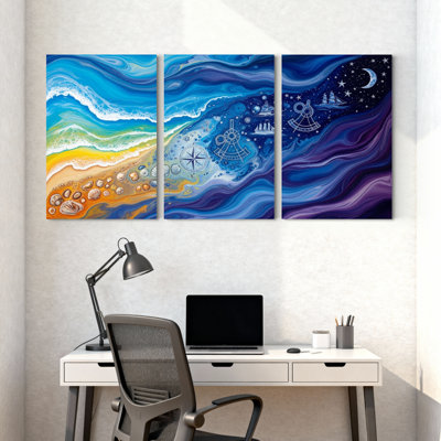Nautique et plage, océan, vagues, coquillages, boussole, bateau, étoiles, lune, ensemble de 3 impressions sur toile
