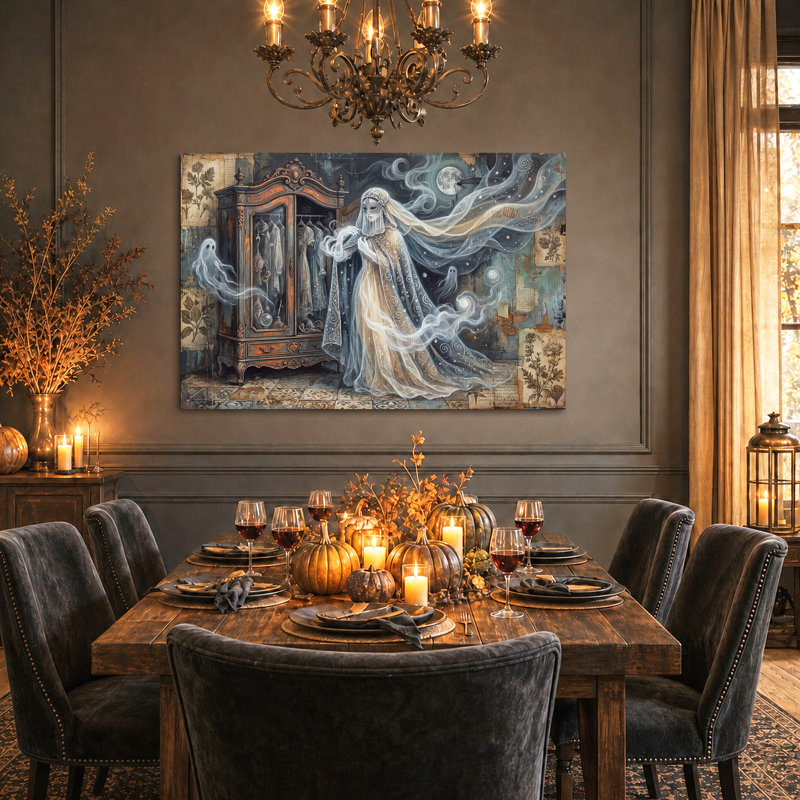 «Ethereal Masked Ghost Beside Antique Garde-robe d'Halloween», art mural, H 36 po x l 48 po