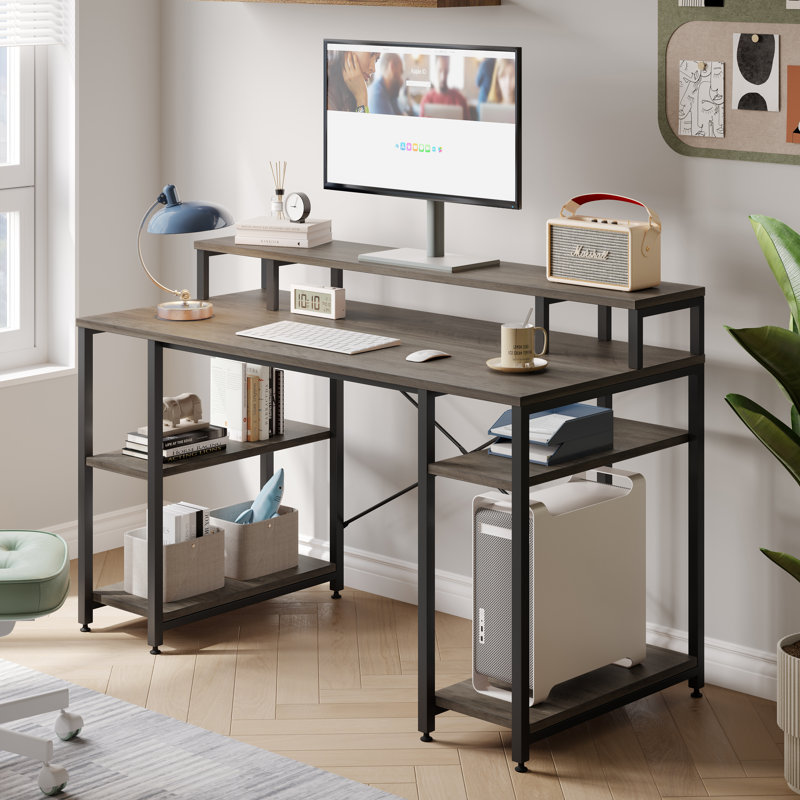 Kinslee 55inch Computer Desk with Monitor Stand, Grey Wash