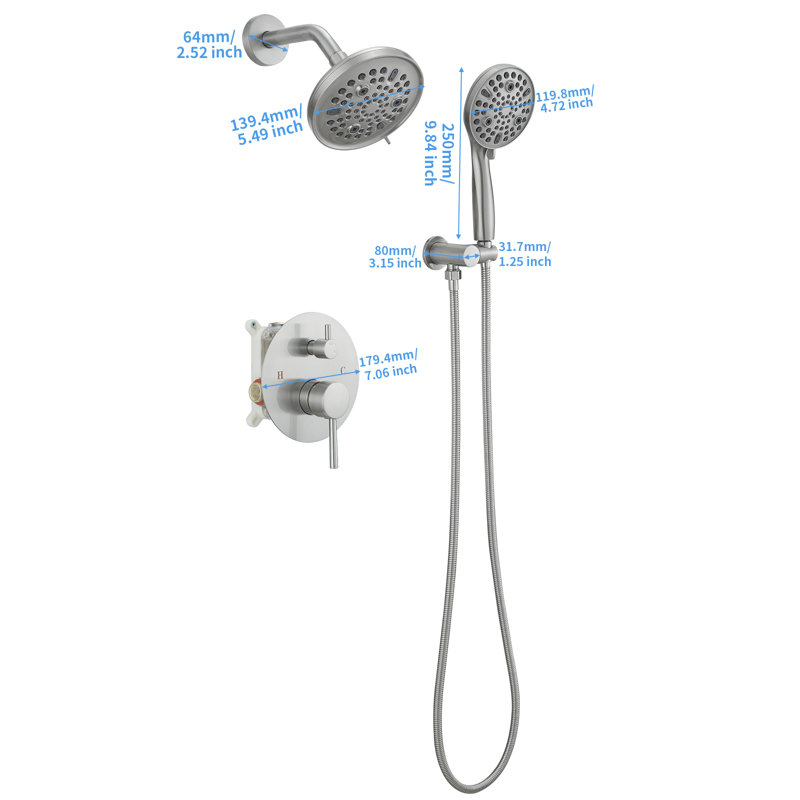 Single Handle 2-Spray Round Rain Shower Faucet Set 1.8 GPM With High Pressure Shower Head Hand Shower In Polished Chrome