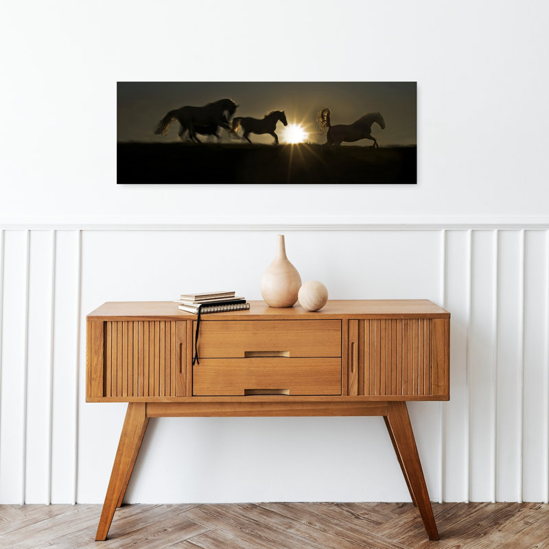 Galloping Horses Sunset by Milan Malovrh - Wrapped Canvas Panoramic Print, 30.48 cm H x 91.44 cm W