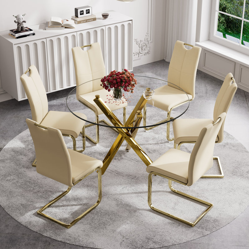 Ensemble de salle à manger 7 pièces, table et 6 chaises, Jaune / Or, H 29,52 po x L 39,3 po x l 39,3 po, Or
