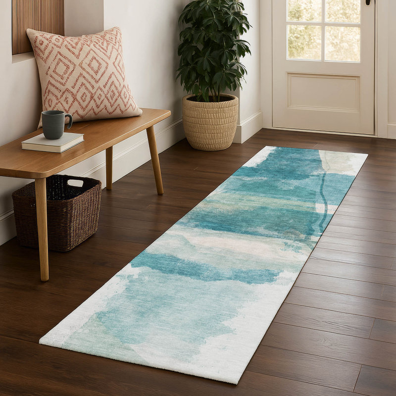 Premium Machine Washable Mayfield Abstract Rug, 2'3" x 7'6" Runner, Teal