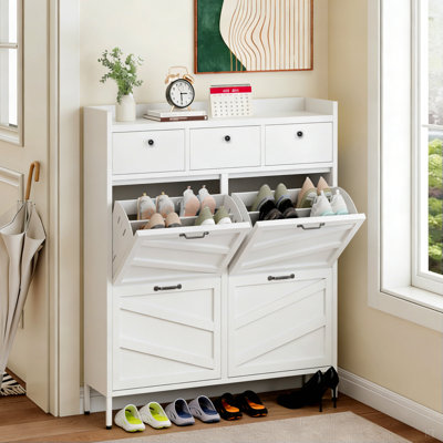 Metal Shoe Cabinet - 4 Flip Drawers + 3 Drawers, Slim 11.8"D Freestanding Steel Shoe Organizer, Anti-Tip Hidden Entryway Shoe Rack