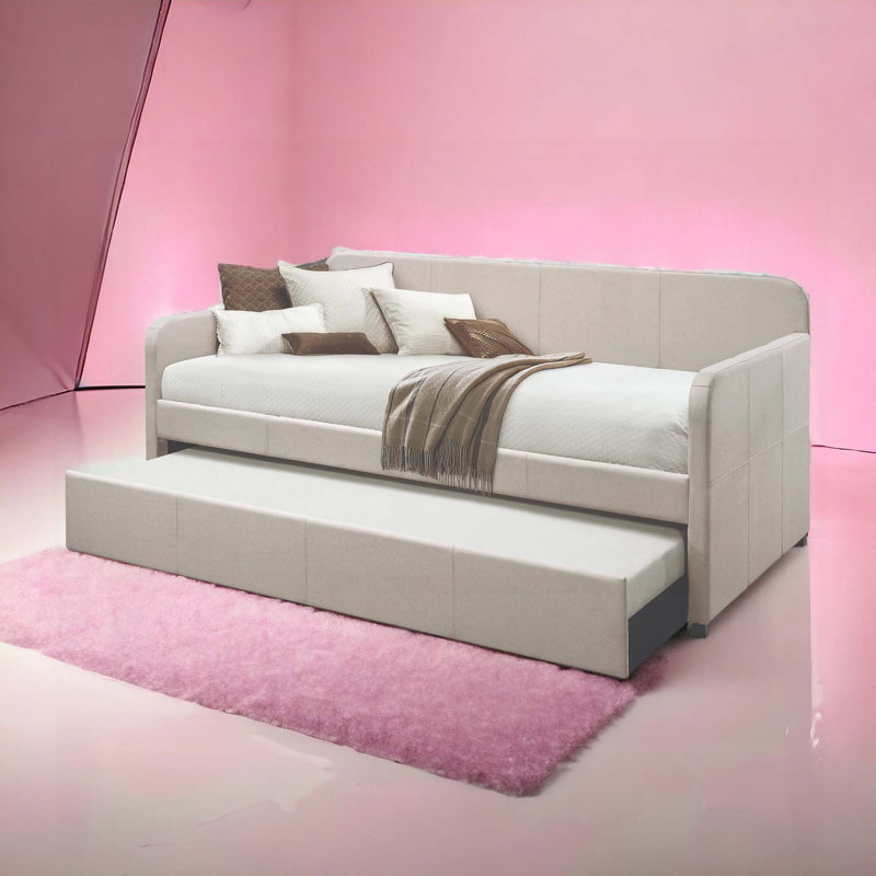 Jagger Fog Fabric Daybed with Roll-Out Trundle, Fully Padded and Slat System, Perfect for Guest Rooms and Small Spaces