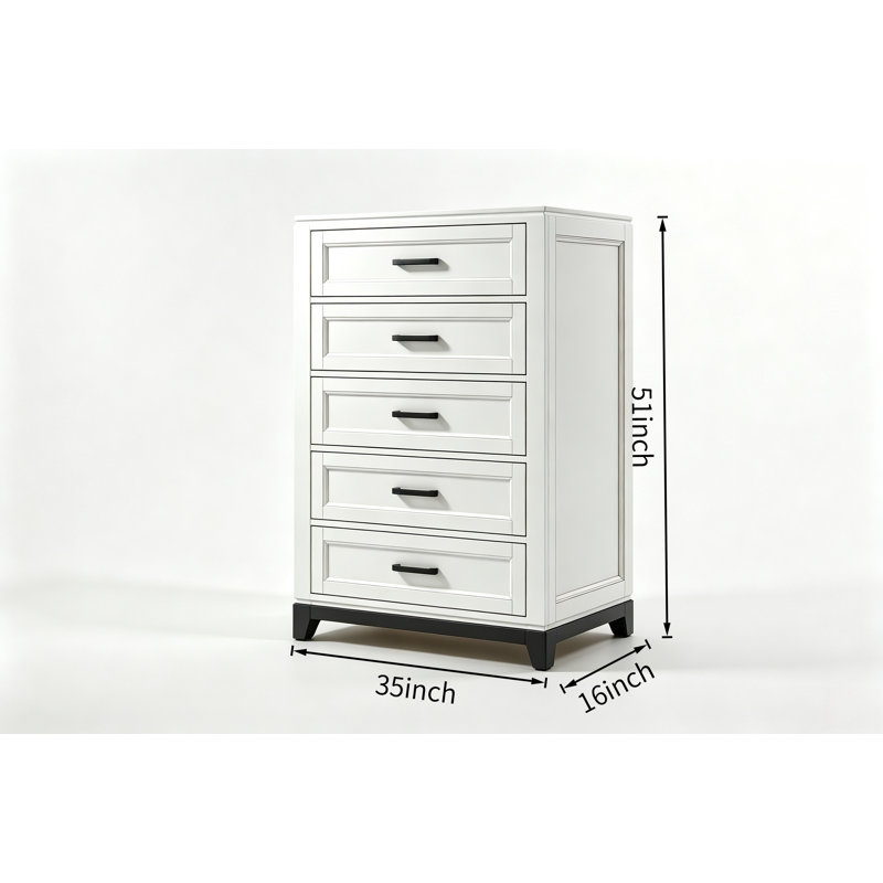 Commode bicolore blanche à 5 tiroirs, meuble de rangement de chambre en bois d'acacia de style transitionnel avec tiroirs doublés de feutre