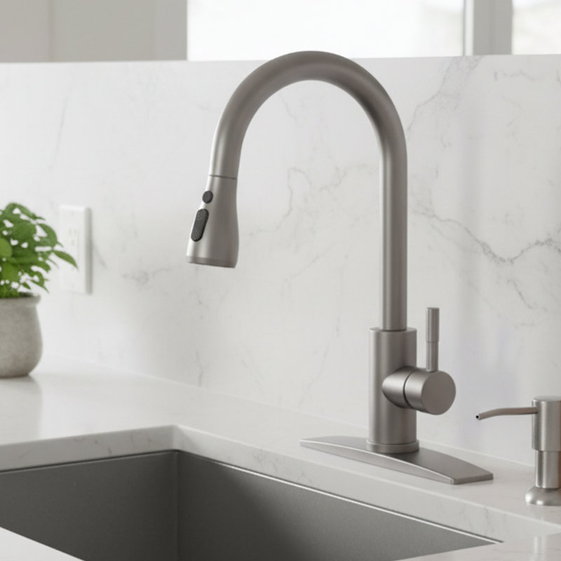 High-Arc Pull-Down Kitchen Faucet - SUS 304 Stainless Steel - Single Handle, Grey Finish, Gray