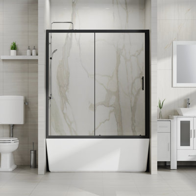 58.5-60"w X 62"h Reversible Sliding Shower Door, 1/5"(5mm) Clear Tempered Glass, Black