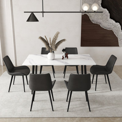  Juvan 7-Piece Modern Rectangular Sintered Stone Dining Table Set With 6 Faux Leather Chairs