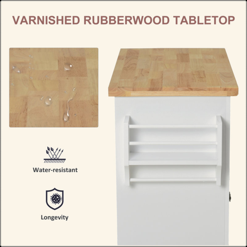 Kitchen Island On Wheels, Rolling Cart With Rubberwood Top, Spice Rack, Towel Rack And Drawers For Dining Room, White