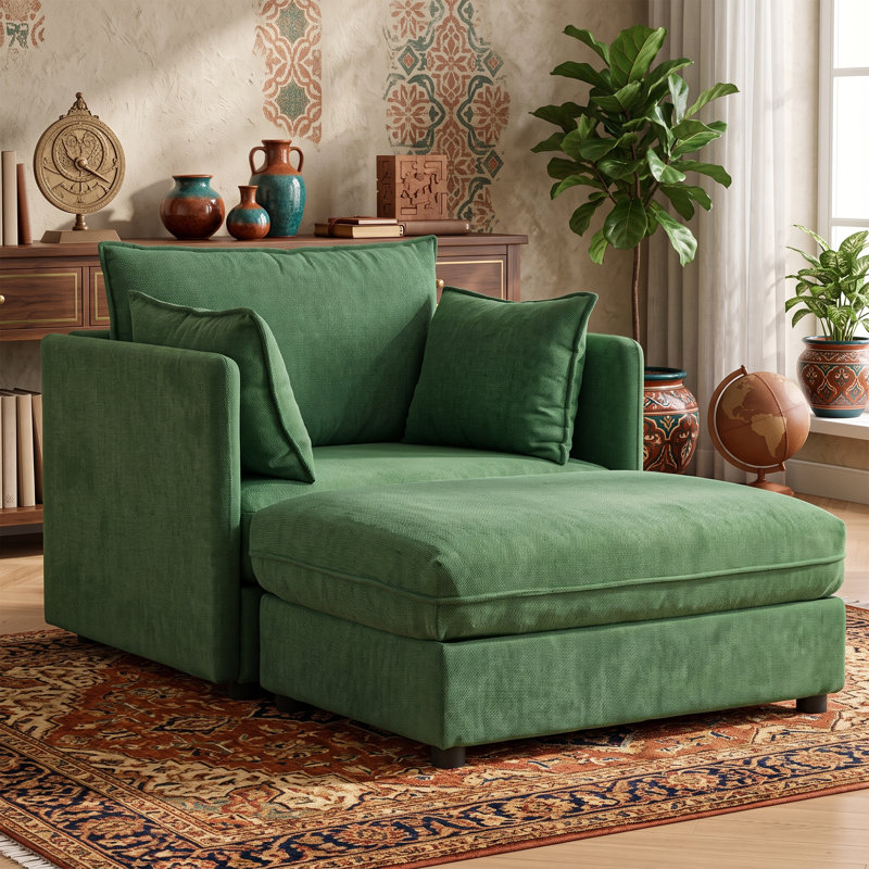Chaise longue surdimensionnée en chenille avec repose-pieds, fauteuil de lecture moderne à assise profonde pour appartement, beige