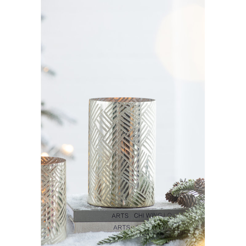 Etched Glass Cylinder Candle Votive - Cream, 7.9" H x 4.9" W x 4.9" D
