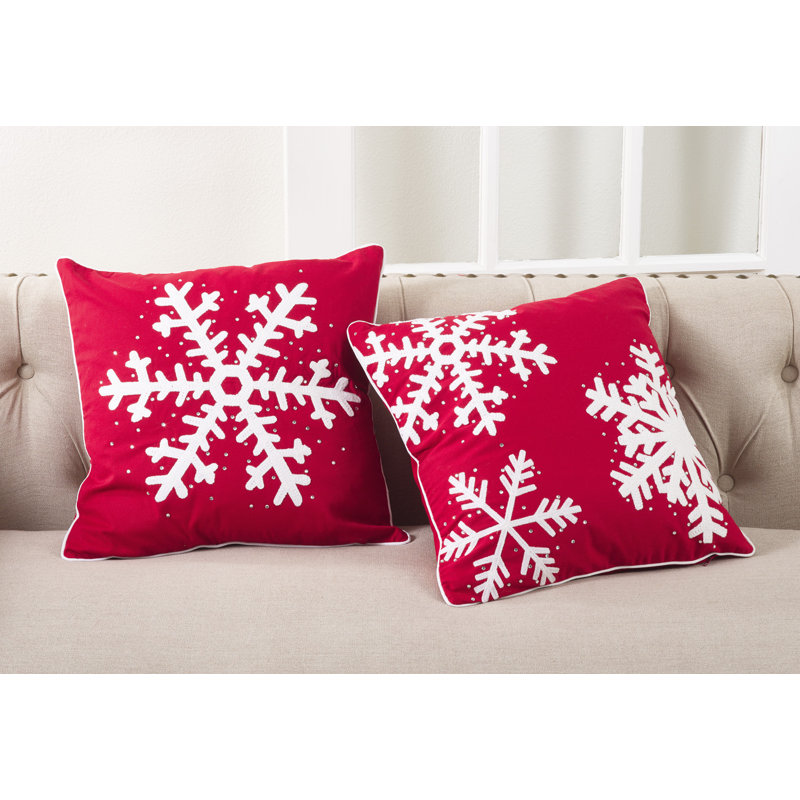 Ruby Red Embroidered Snowflake Square Throw Pillow