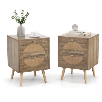 Rattan Nightstand Set Of 2 End Side Table With 2 Rattan Drawers Pine Wood Legs Wood Accent Table