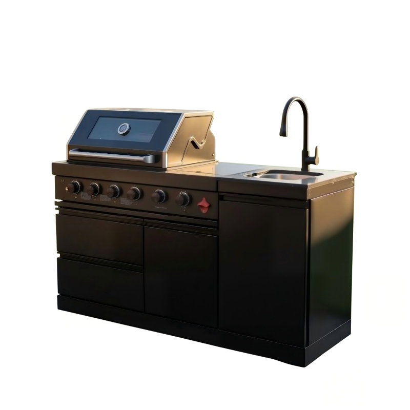 Ensemble de cuisine modulaire d'extérieur 65 po x l 25 po x P 48 po avec barbecue à 4 brûleurs, brûleur latéral, évier et comptoir en granite