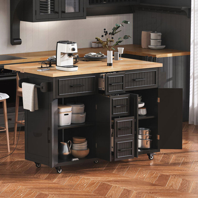 Kitchen Island with Drop Leaf, Power Outlet, Black