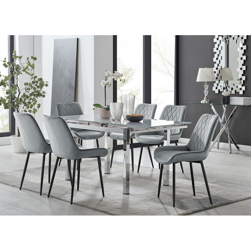 Tierra Modern Glass & Metal Extendable Dining Table Set & 6 Luxury Upholstered Velvet Dining Chairs, Gray/Black