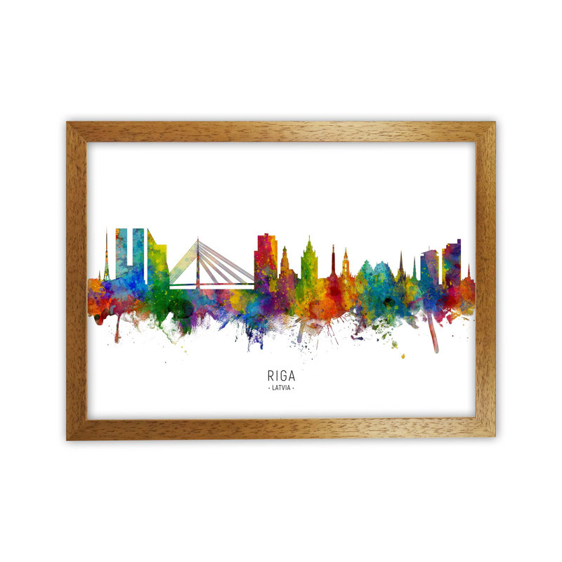 Riga Latvia Skyline by Michael Tompsett - Print, 34cm H x 46cm W x 3cm D, Brown Framed