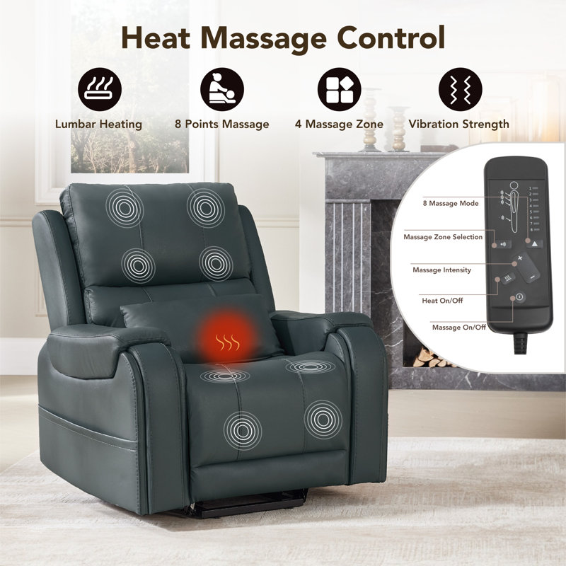 37.8" W Genuine Leather Power Lift Recliner with Heated Massage, Navy