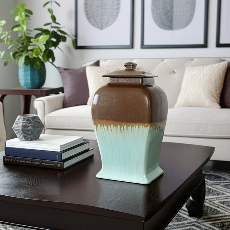 Contemporary Tall Ceramic Jar with Lid for Living Room or Shelves Display - Artistic 2-tone Table Jar for Modern Home or Office Decor - Brown & Blue