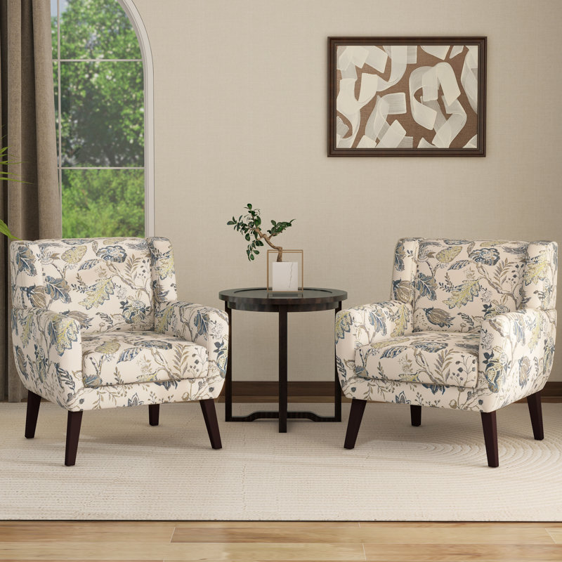Stephanny 27.5" Wide Tufted Armchair with Solid Wood Legs, Beige/Green/Blue Leaf Linen Blend