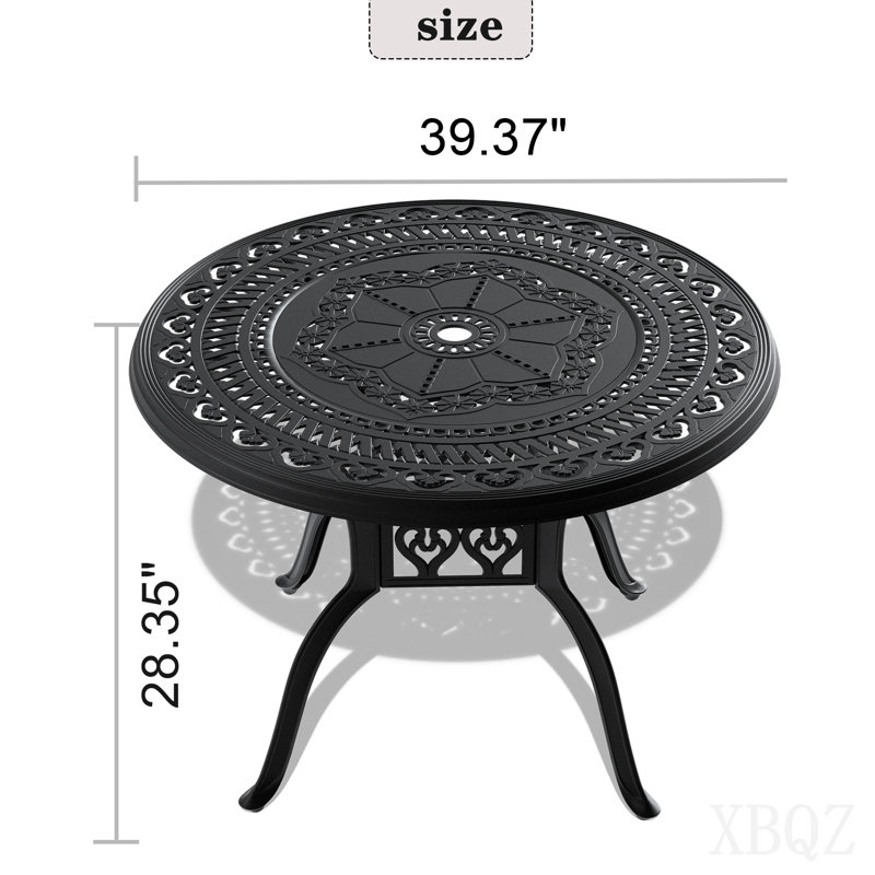 Table de salle à manger de patio en aluminium coulé de 39,37 po de diamètre avec cadre noir et trou pour parasol