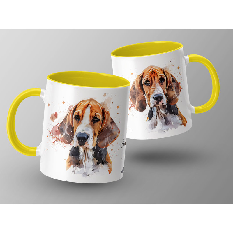 11oz Watercolour Basset Hound Design Coffee Mug, Yellow, 3