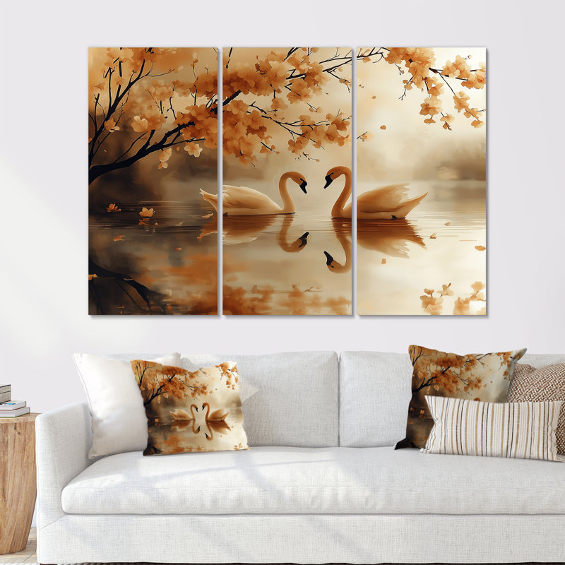 Orange et noir cygnes dans un étang de cerisiers en fleurs II - cygnes, ensemble d'art mural, Métal métal
