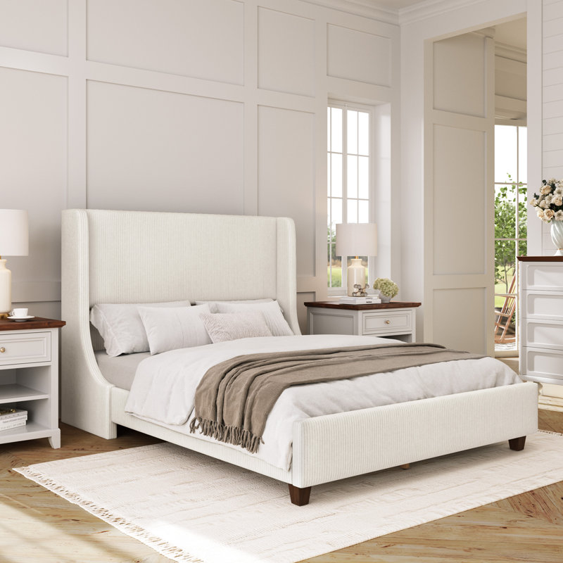 Phan Modern Textured Corduroy Upholstered Platform Bed with Wingback Headboard, Queen, Creamy
