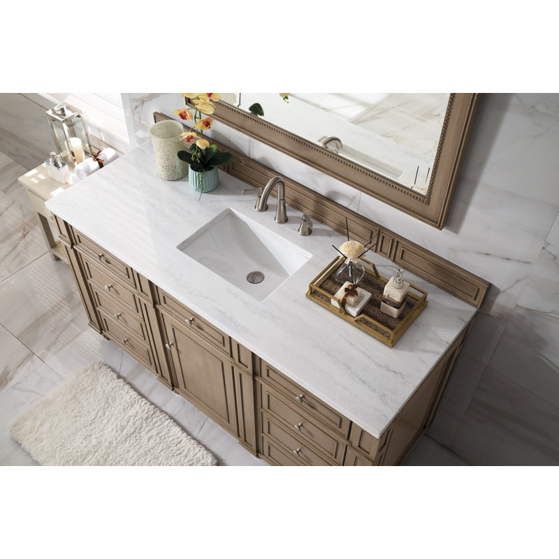 Bristol 60'' W Single Vanity, Whitewashed Walnut, White Zeus, 8" Widespread