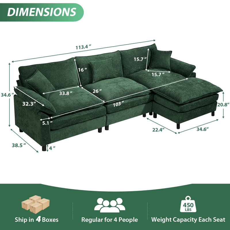 Canapé modulaire rembourré en L avec repose-pieds, H 34,6 po x l 111,8 po x P 57,8 po, Chenille verte