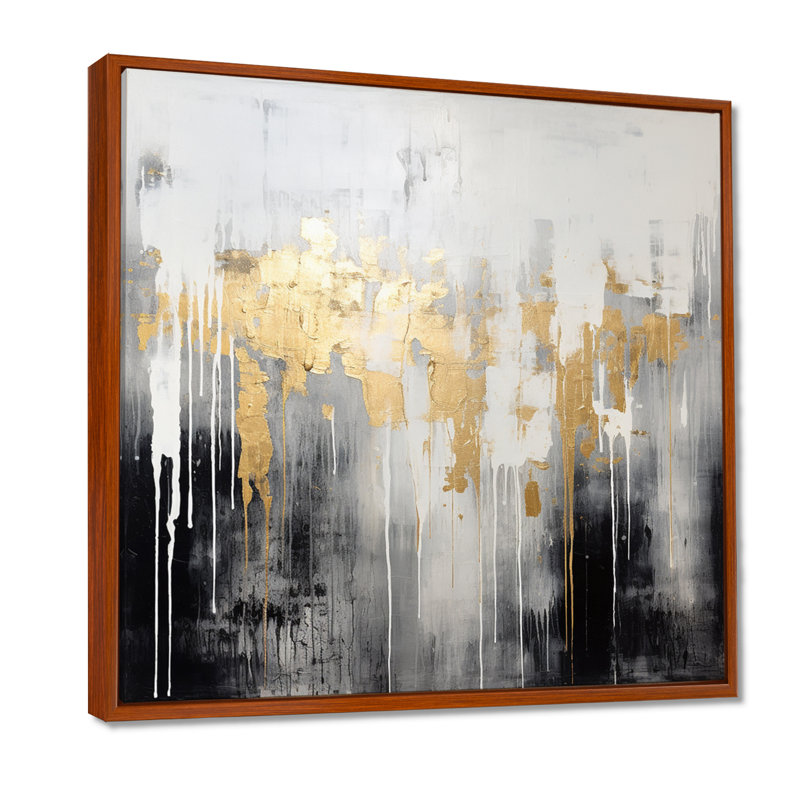 Dripping Gold White Grey Black Gold - Abstract Wall Art Print, 30" H x 30" W, Brown Floater Framed