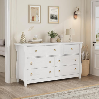 Commode 7 tiroirs - Grande commode boho avec pieds courbés, décorations en rotin et rangement autoportant