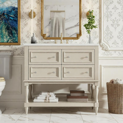 Ensemble de meuble-lavabo 36 po avec ensemble de meuble-lavabo, lavabo en céramique encastré, ensemble de meuble-lavabo autoportant avec 4 tiroirs, armoire de salle de bain avec cadre en bois massif, beige