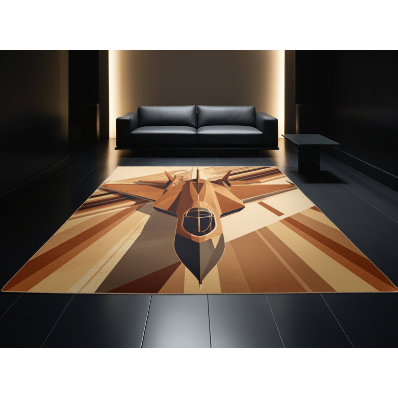 Machine Washable Maurice Supersonic Jet Airplane Sleek & Chic Modern Geometric Rug in Beige – Beige Binding, 4x6