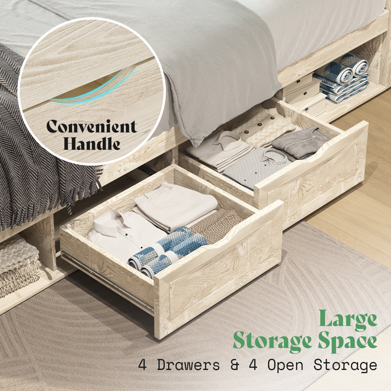 Oceant Queen Farmhouse LED Bed Frame With 4 Drawers & Open Storage Space,White, White
