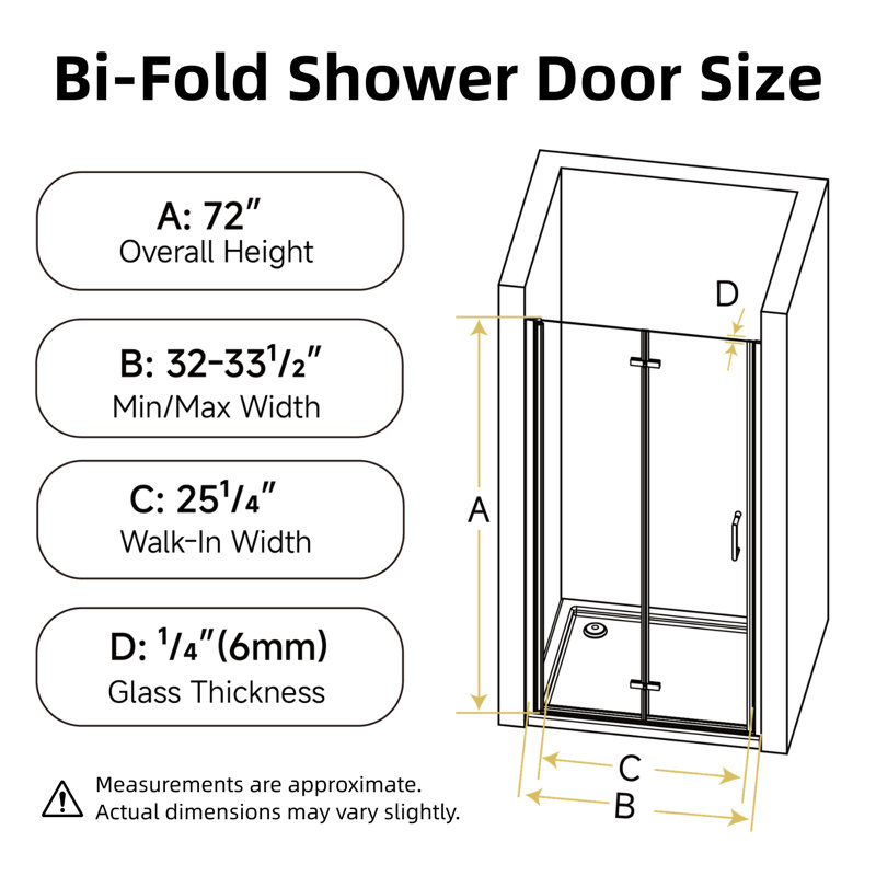 Porte de douche pliante sans cadre noir mat, verre trempé de 1/4 po, largeur réglable, L 32 po x H 72 po