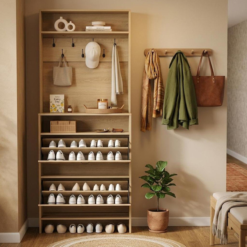 Armoire à chaussures 2 en 1 avec 2 tiroirs rabattables, tablette réglable, 7 crochets et ensemble anti-basculement, rangement pour chaussures de vestibule étroit