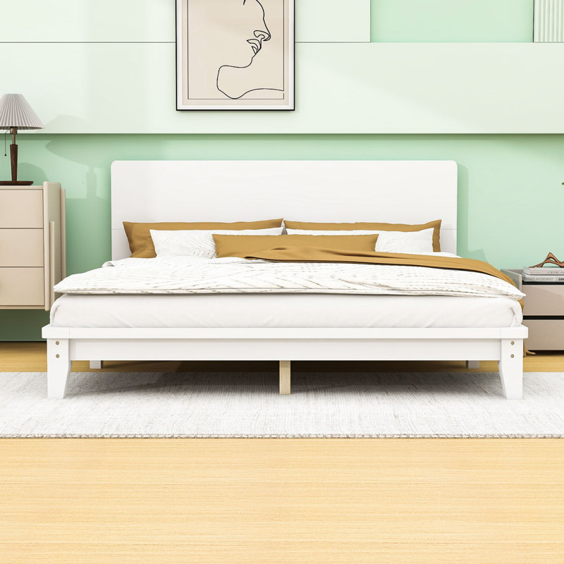 Base de lit plateforme avec tête de lit, Lit double, Blanc