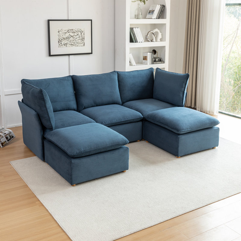 Hepworth Dejohn Corduroy Sectional Sofa With Two Ottomans, 36" H x 95.5" W x 62.5" D, Blue Corduroy