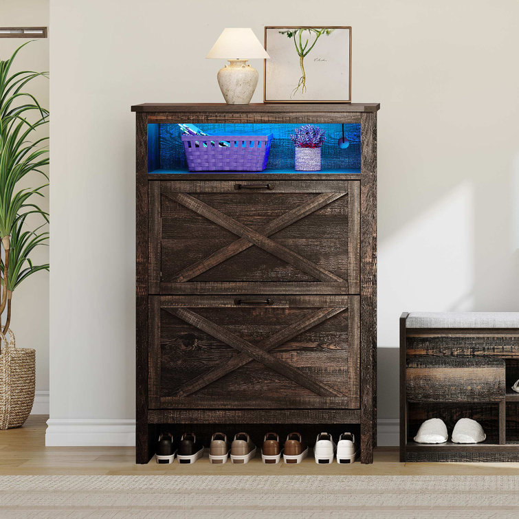 Wood Tilt Out Open 24 Pair Shoe Storage Cabinet with Colorful LED Light